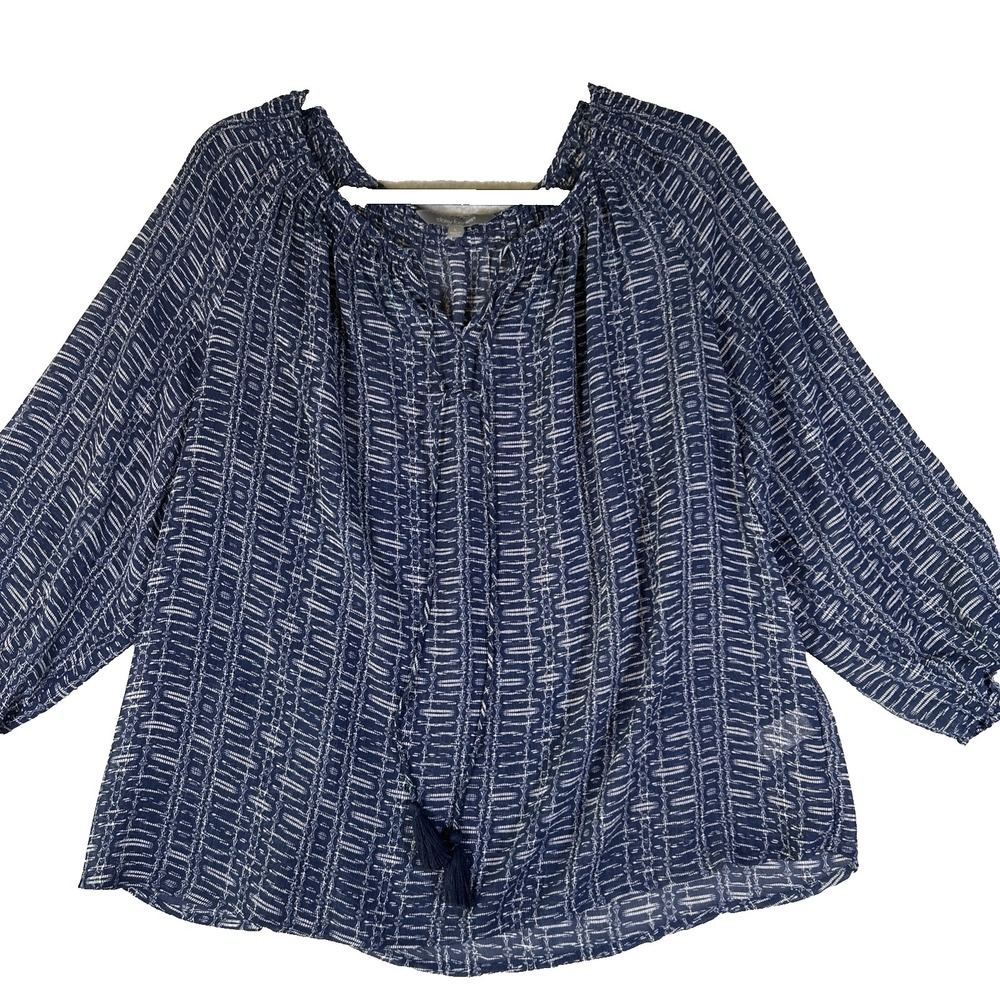 Womens Top Sheer Peasant by Daisy Fuentes Long Sleeve Boho Geometric Large Blue